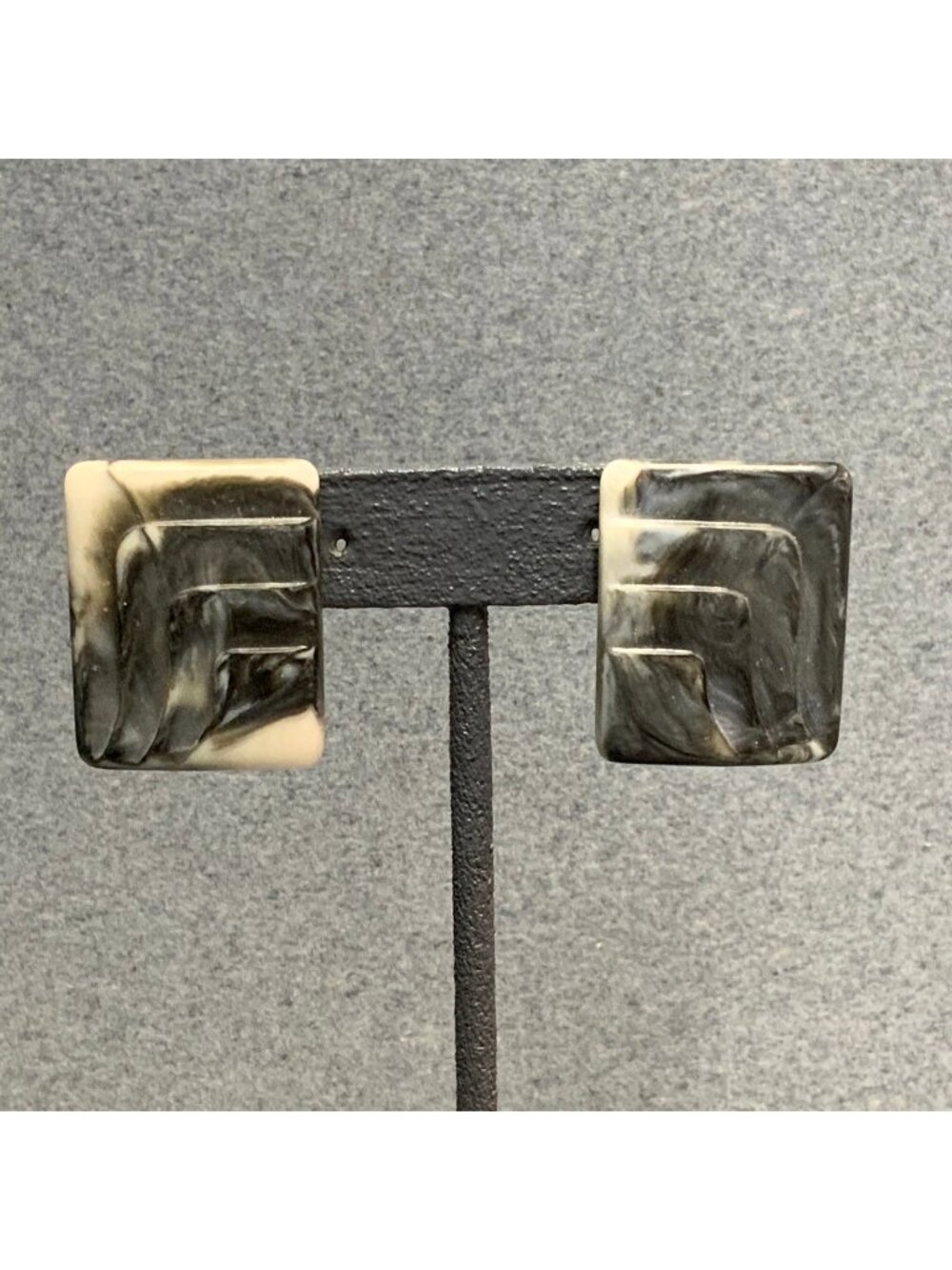 Art Deco Pierced Earrings 1.5 In Marbled Gray White Acrylic Rectangle Retro 50s